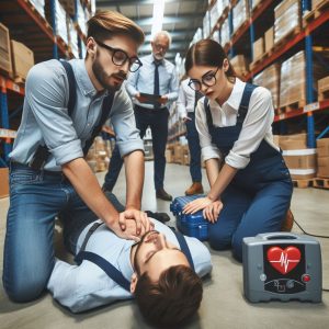 Aplicación RCP en un centro de trabajo con desfibrilador.